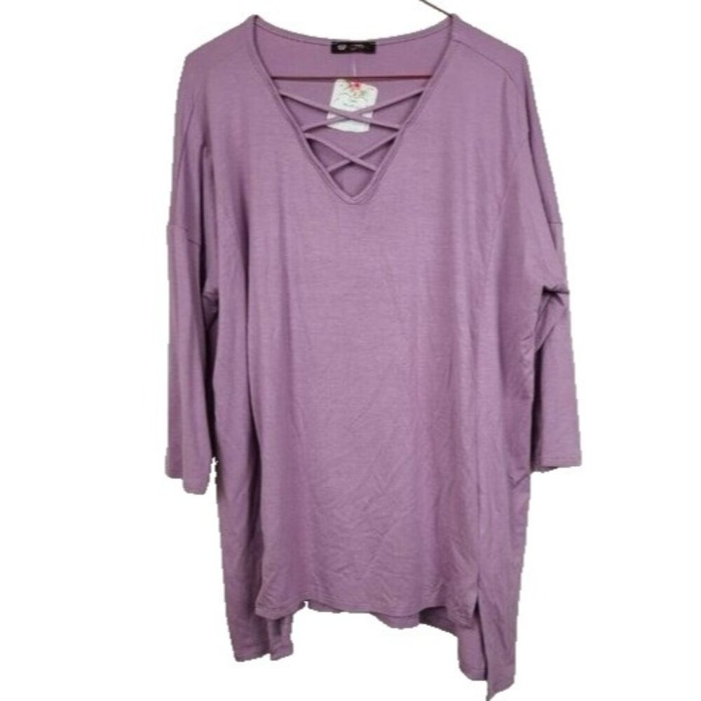 Vision Womens BOHO Tunic Top Medium PUrple Criss Cross Neck Jersey 3/4 Sleeve